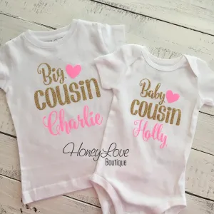 PERSONALIZED Cousin Bodysuits and Shirts - Gold Glitter and Neon Pink Glitter